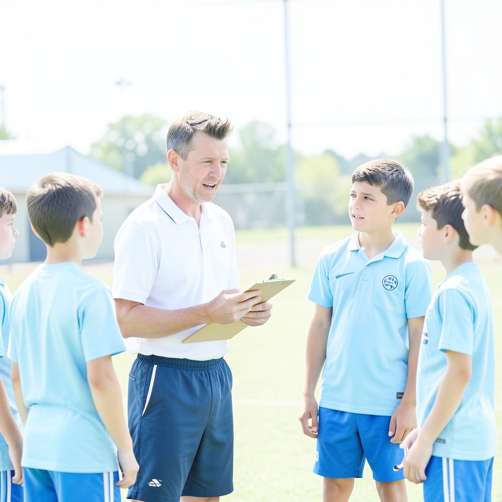 A coach holding a clipboard on the training ground, speaking to a group of young players, bright daylight