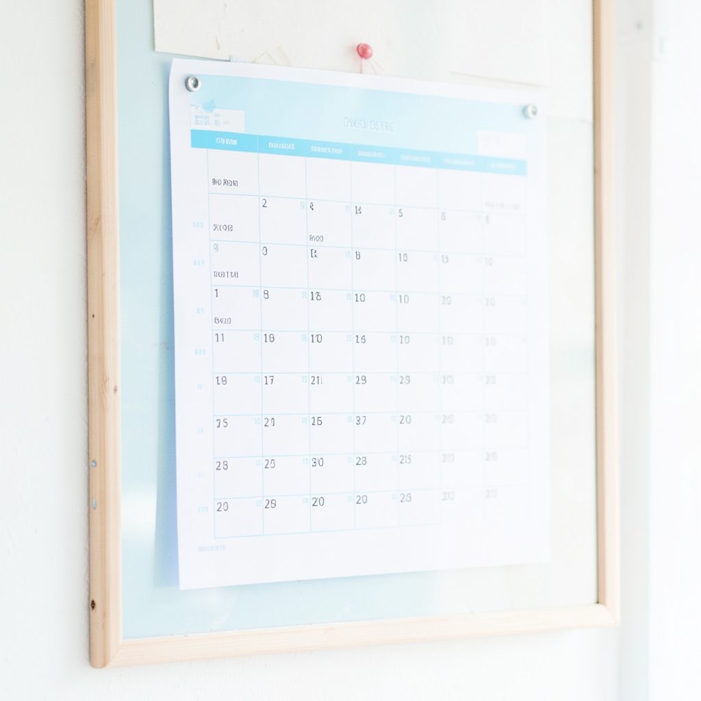 A printed competition calendar pinned to a noticeboard, with fixture dates visible, soft indoor lighting