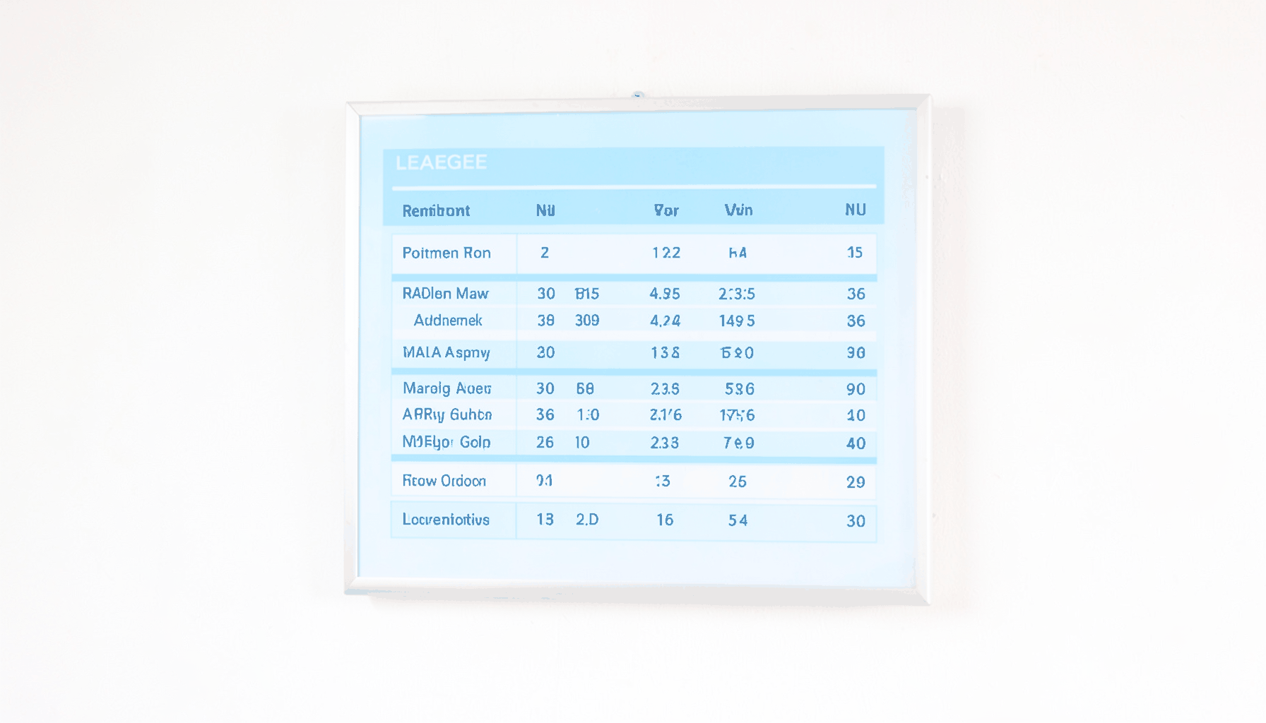 A league standings board mounted on a wall, with team names and point totals visible, clean white background
